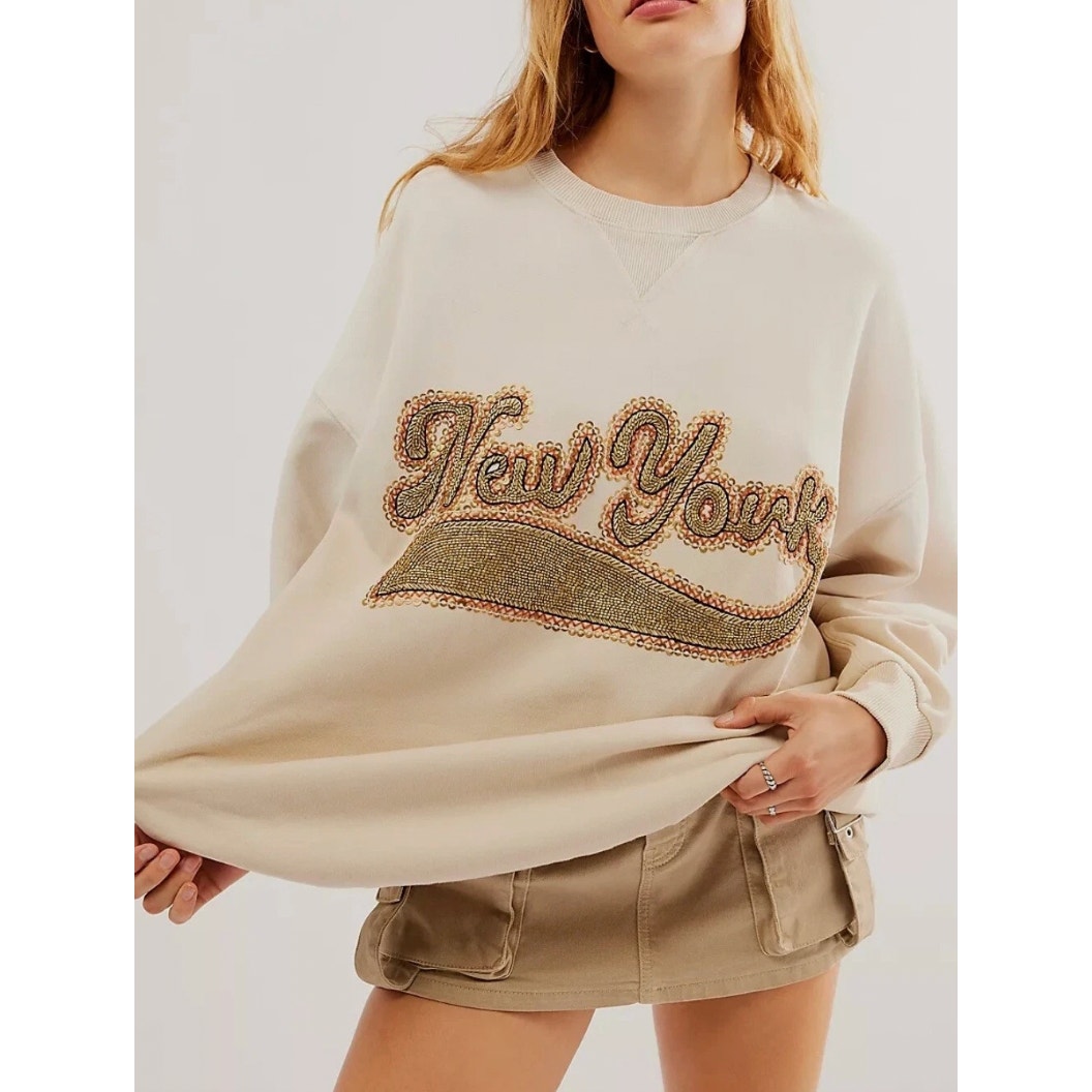 Free People Bali Drifter Sweatshirt Small New York Sequin Beaded Sweater